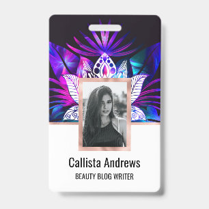 Hipster Retro Tech Teal Purple Lotus Flower Leaf ID Badge