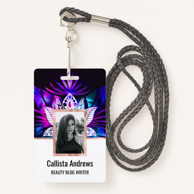 Hipster Retro Tech Teal Purple Lotus Flower Leaf ID Badge (Front with Lanyard)