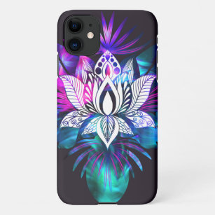 Hipster Retro Tech Teal Purple Lotus Flower Leaf iPhone 11 Case