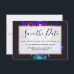 Hipster Retro Tech Teal Purple Lotus Flower Leaf Save The Date<br><div class="desc">This hipster and cool design is perfect for the boho woman. It features a hand-drawn lotus flower and tropical leaves in a neon purple and teal green painted overlay on top of a dark plum purple background. It's unique, original, and bohemian with a retro-tech vibe. ***IMPORTANT DESIGN NOTE: For any...</div>