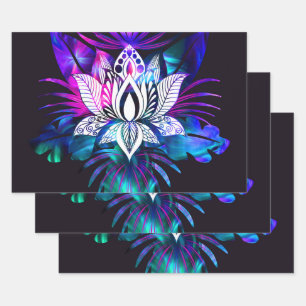 Hipster Retro Tech Teal Purple Lotus Flower Leaf Wrapping Paper Sheet