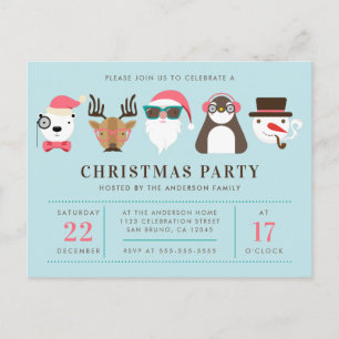 Hipster Santa & Friends Christmas Party Invitation Postcard