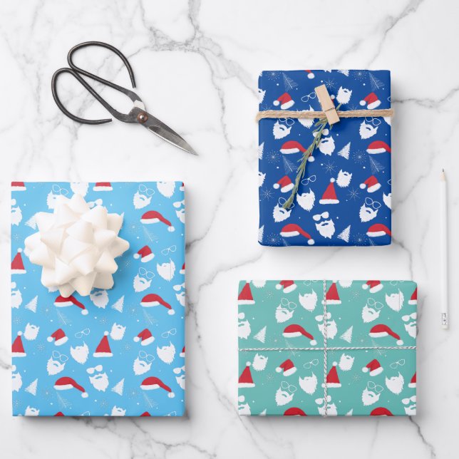 hipster santa sunglasses hat beard tree pattern wrapping paper sheet (Front)