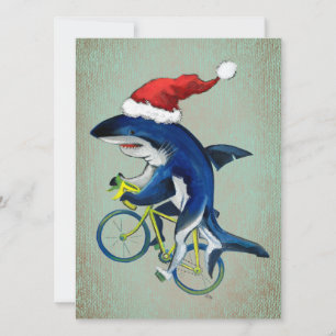 Hipster Shark On A Bicycle With Santa Hat Holiday Card