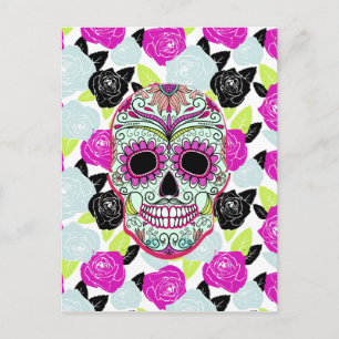 Hipster Sugar Skull and Floral Roses Postcard