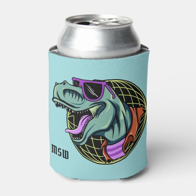 Hipster T-Rex custom monogram can cooler (Can Front)
