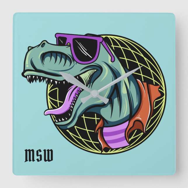 Hipster T-Rex custom monogram & colour wall clock (Front)