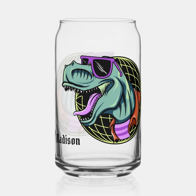 Hipster T-Rex custom name & colour Can Glass (Front)