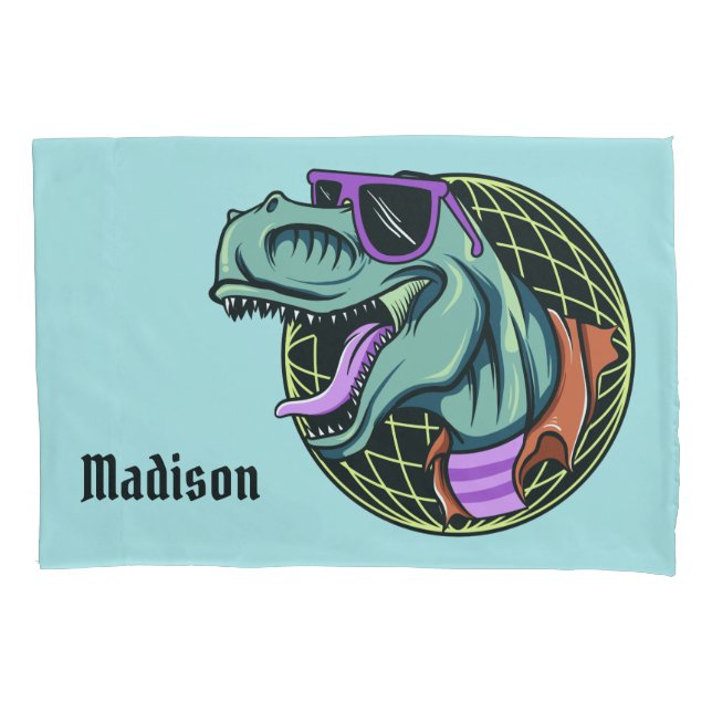 Hipster T-Rex custom name & colour pillowcases (Front)