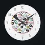 Hipster Themed Clock<br><div class="desc">A clock featuring illustrations bicycles,  glasses,   cassette tapes,  vinyl records,  skeleton keys,  moustaches,   cameras,  and retro antenna television sets.  Numerals are grey.</div>