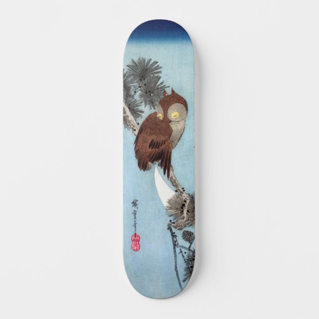 Hiroshige - Horned Owl, Pine, and Crescent Moon Skateboard (Front)