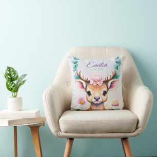 Hirsch mit Blumen - Wasserfarbe Kindermotiv Cushion