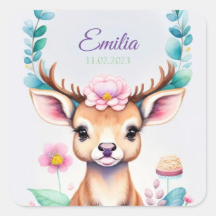 Hirsch mit Blumen - Wasserfarbe Kindermotiv Square Sticker