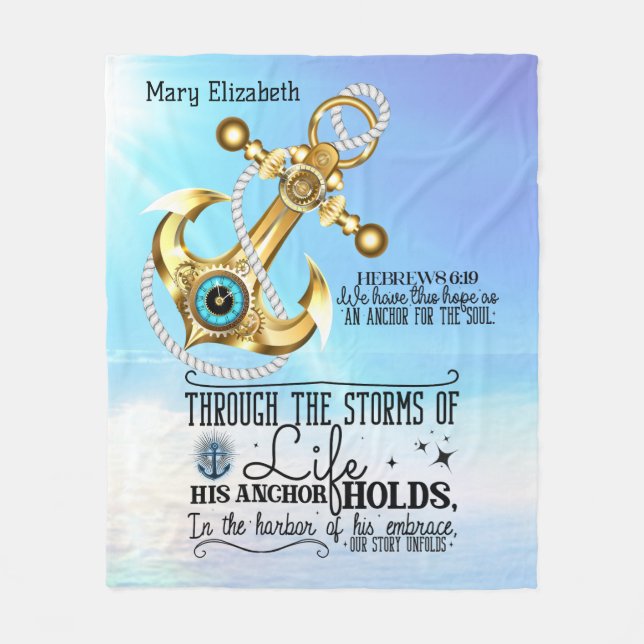 His Anchor Holds Strong Blue Ocean Fleece Blanket (Front)