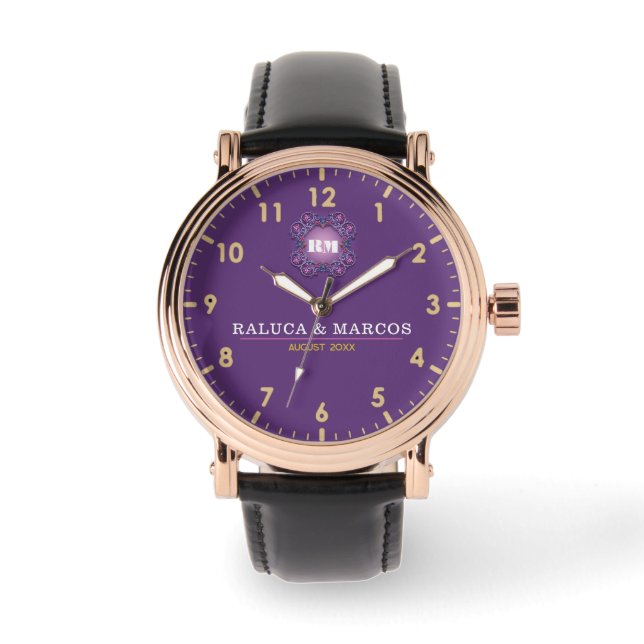 His and Her couple names elegant purple monogram Watch (Front)