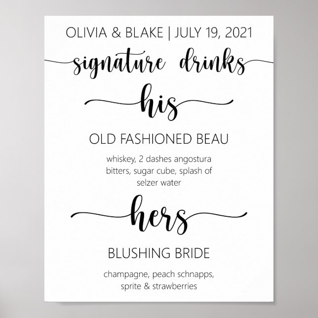 His and Her Signature Drinks Wedding Bar Sign (Front)