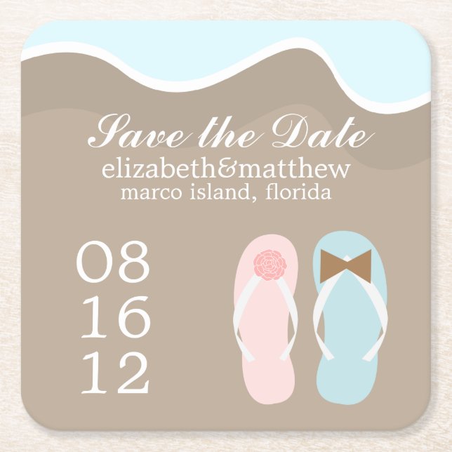 His and Hers Beach Wedding Square Paper Coaster (Front)
