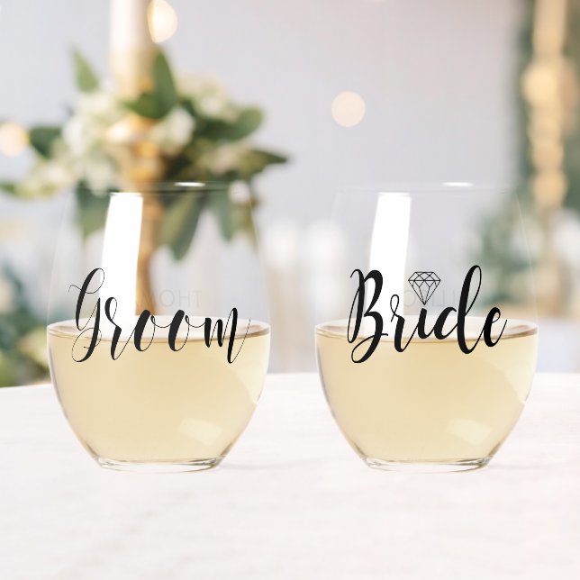 His and Hers "Groom and Bride" Personalised Stemless Wine Glass (Insitu (Wedding))