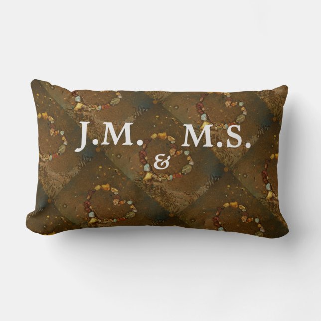 His and Hers Initials Heart of pebbles on Beach Lumbar Cushion (Front)