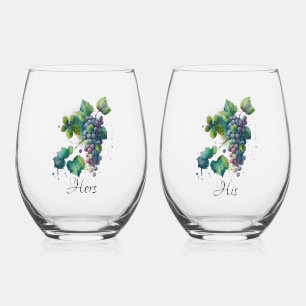 "His and Hers" Stemless Wine Glasses w Grapes