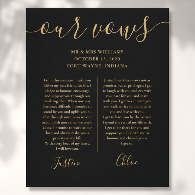 His And Hers Wedding Vows Black Gold Script Canvas Print (Creator Uploaded)