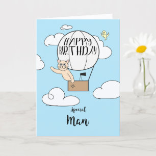 His Birthday Across Miles Cat in Hot Air Balloon   Card