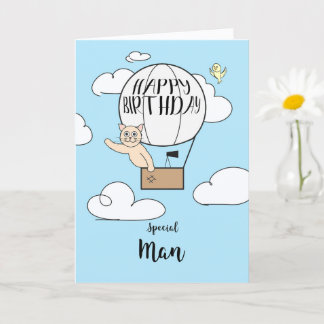 His Birthday Across Miles Cat in Hot Air Balloon   Card