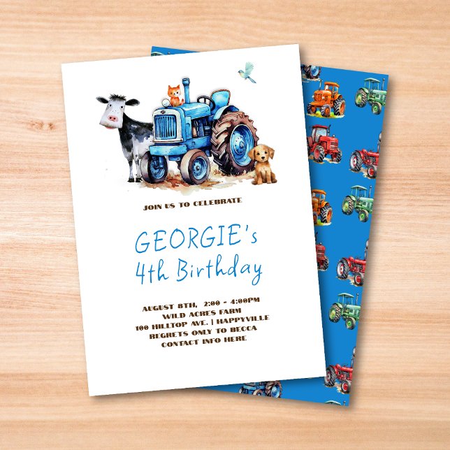 His Birthday Blue Tractor Barnyard Animals Invitation (Creator Uploaded)