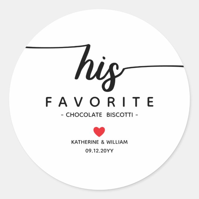 His Favourite Modern Wedding Snack favour Classic Round Sticker (Front)