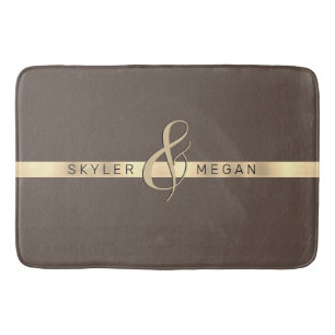 His & Her Names, Gold Stripe on Brown Bath Mat