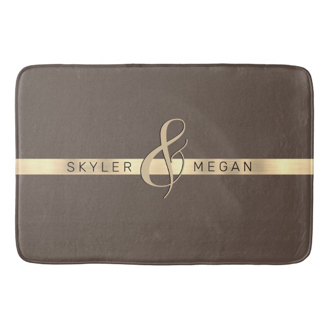 His & Her Names, Gold Stripe on Brown Bath Mat (Front)