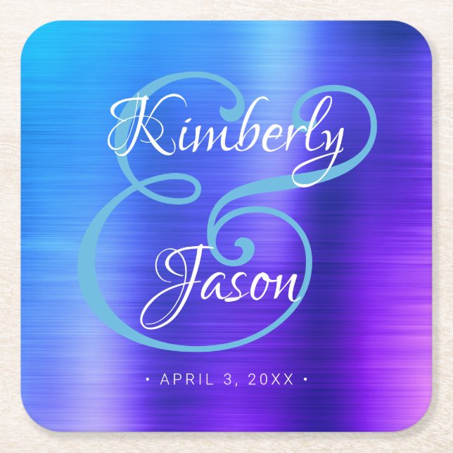 His & Her Script Names, Brushed Blue Metal Wedding Square Paper Coaster (Front)