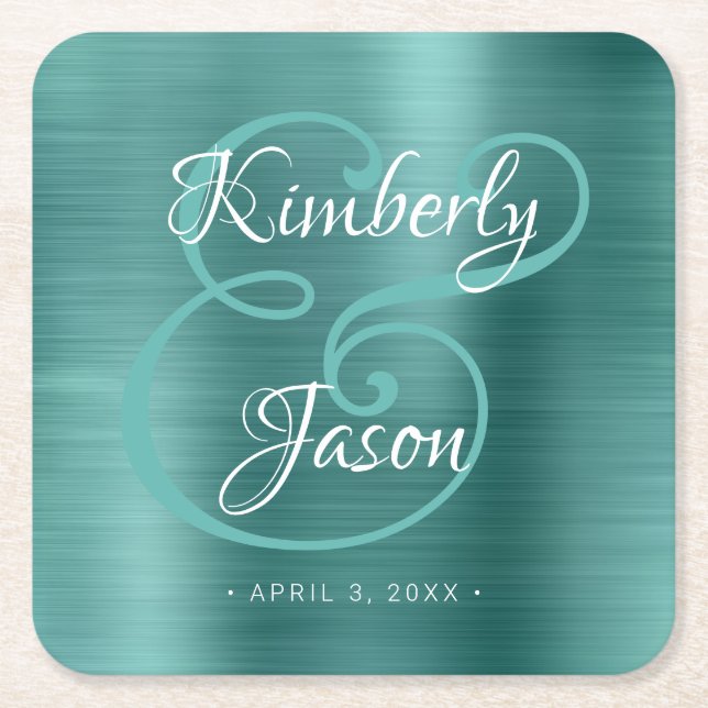 His/Her Script Names, Brushed Green Metal Wedding Square Paper Coaster (Front)