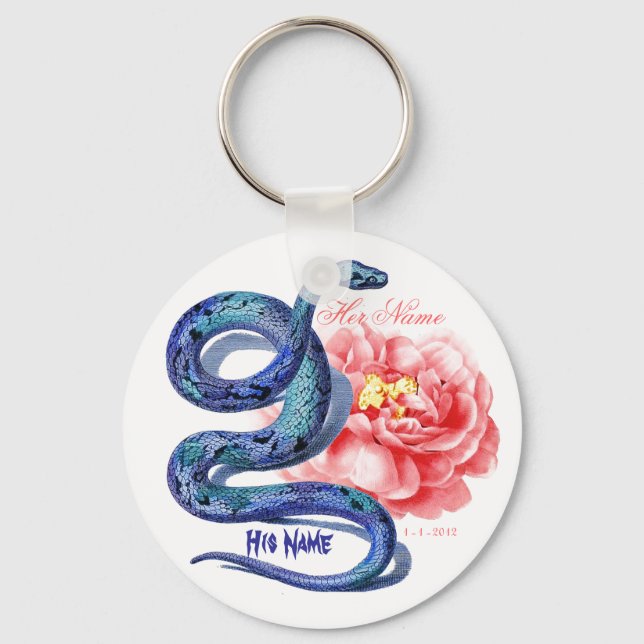His Her Snake Rose Personalise Wedding Party Gift Key Ring (Front)