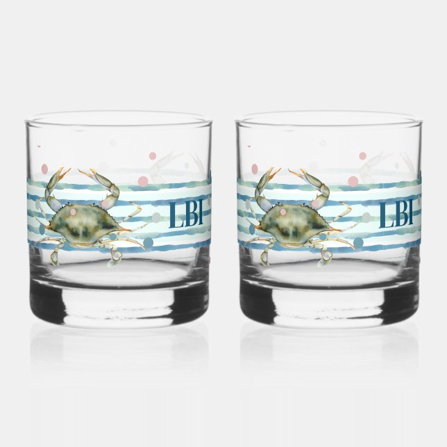 HIS & HER'S BEACH TOWN, WATERCOLOR CRAB ART WHISKEY GLASS (Front)