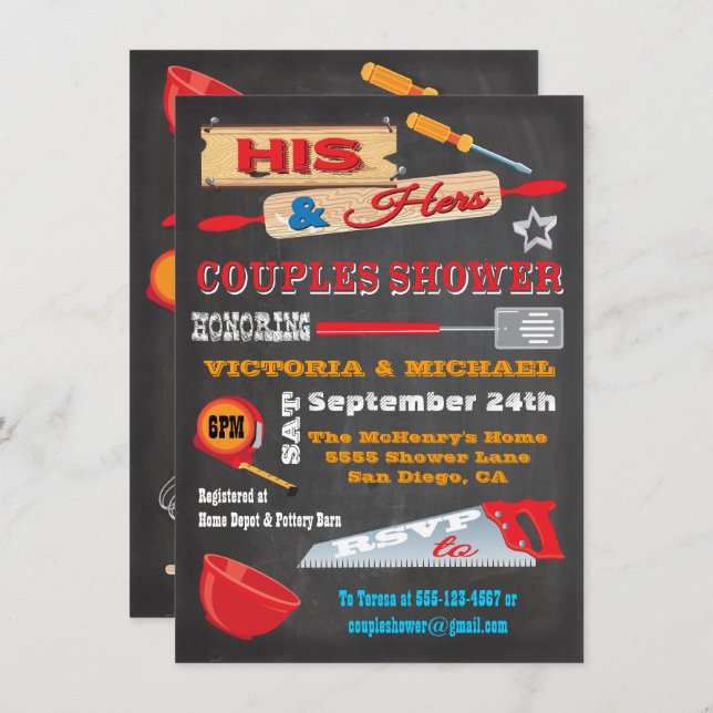 His & Hers Couples Chalkboard Shower Invites (Front/Back)