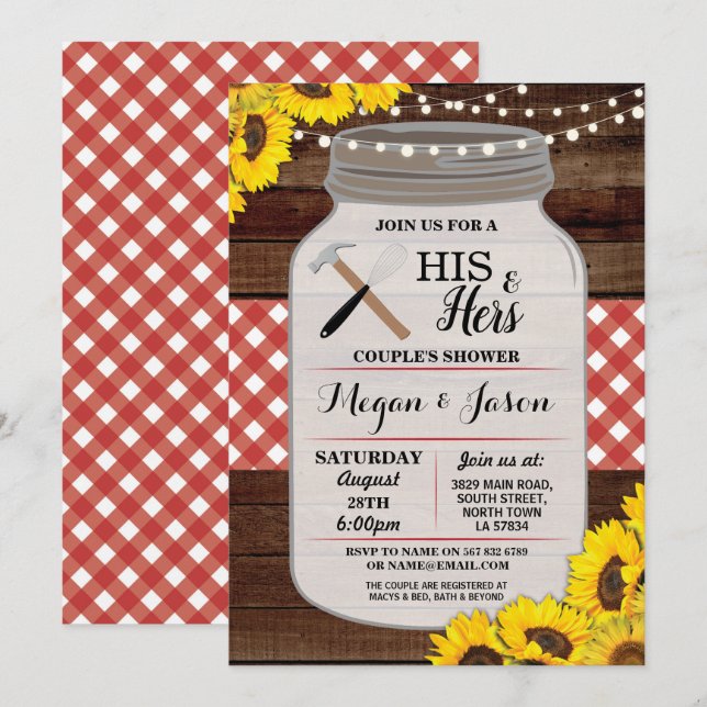 His & Hers Couple's Shower Wood Rustic Red Invite (Front/Back)