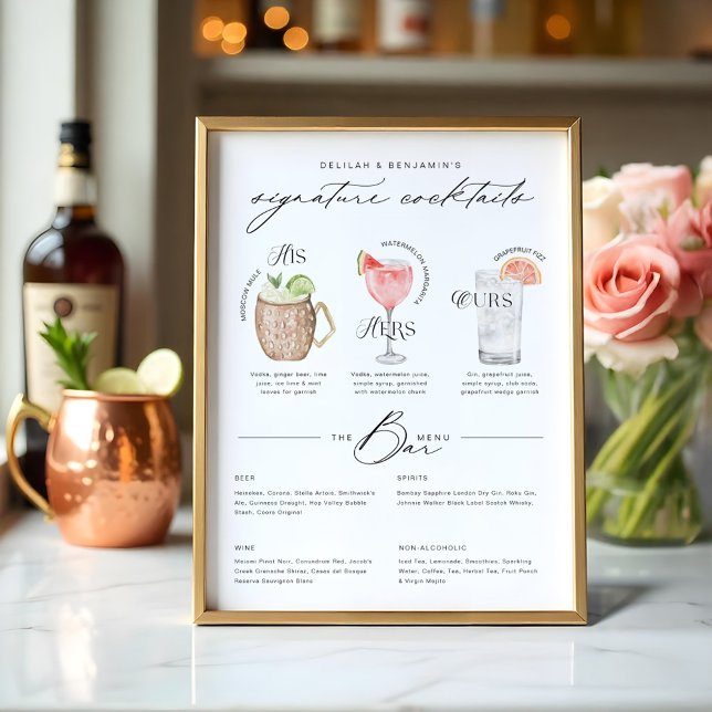 His Hers & Ours Watercolor Signature Cocktail Menu Poster (His Hers & Ours Watercolor Signature Cocktail Menu Poster)
