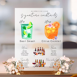 His & Hers Watercolor Signature Cocktail Menu Acrylic Sign