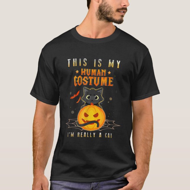 His Is My Human Costume I M Really A Cat Pumkin Ha T-Shirt (Front)