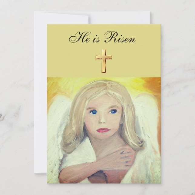 His is Risen Watercolor Easter Angel Cross Invitation (Front)
