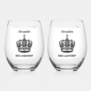 His Lordship Her Ladyship Crown Custom Name Funny Stemless Wine Glass