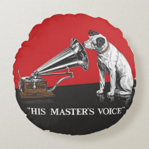 His Master's Voice Red and Black Round Cushion