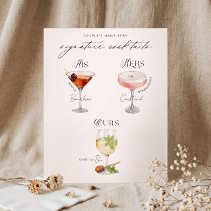 His Ours & Hers Watercolor Signature Cocktail Menu Acrylic Sign