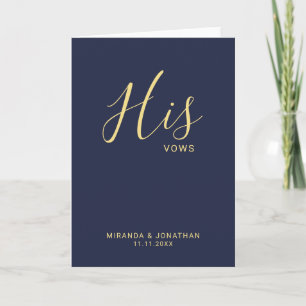 'His Vows' Minimalist Navy Blue&Gold Wedding Vows Note Card