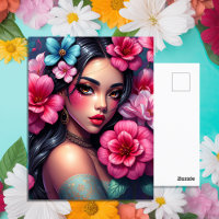 Hispanic Anime Girl with Pretty Pink Flowers