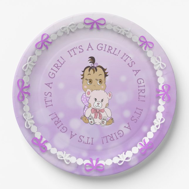 Hispanic Baby Girl Holding Teddy Bear Baby Shower Paper Plate (Front)