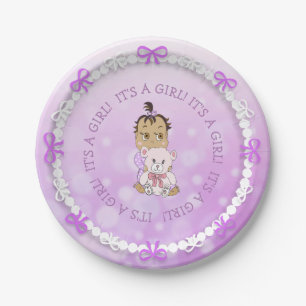 Hispanic Baby Girl Holding Teddy Bear Baby Shower Paper Plate