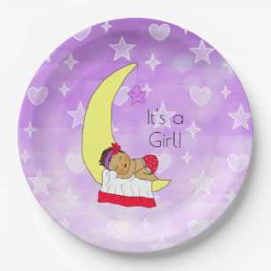 Hispanic Baby Girl Sleeping on Moon Baby Shower Paper Plate