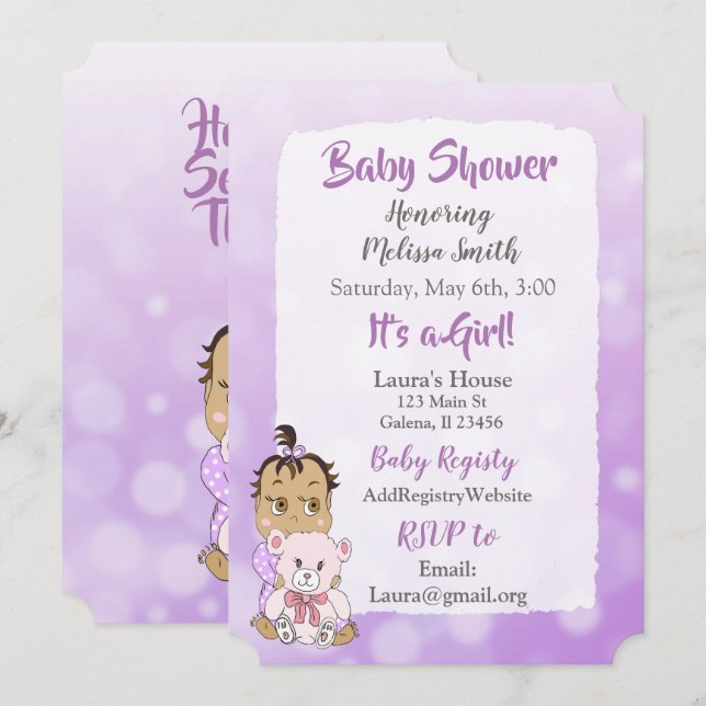 Hispanic Baby Girl with Teddy Bear Baby showier Invitation (Front/Back)